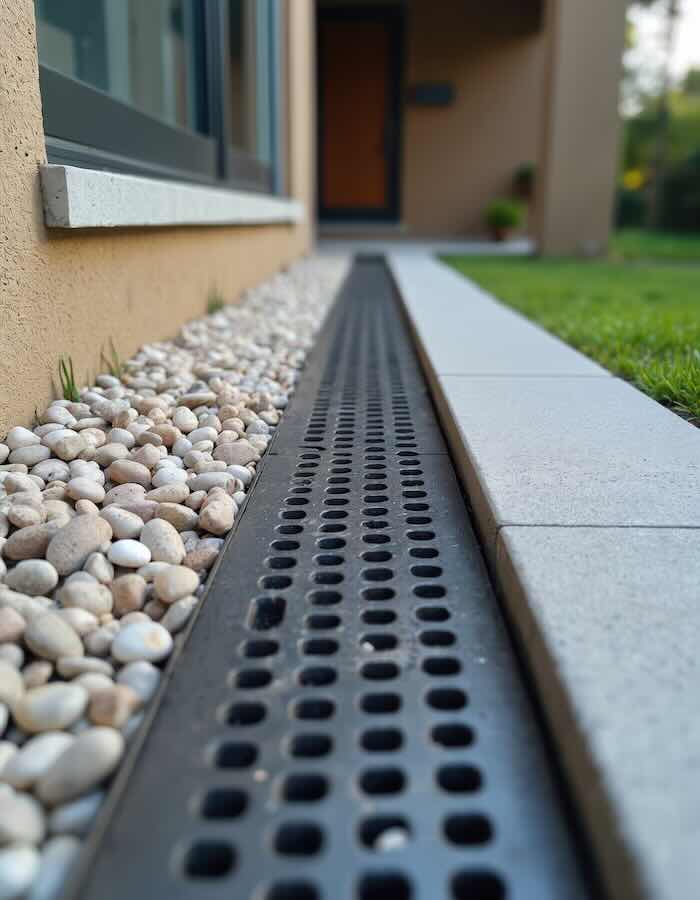 Modern drainage system beside pebbled garden path.