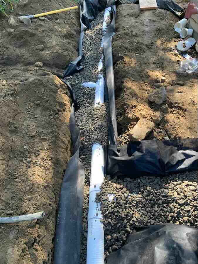 French drain installation with gravel and pipe